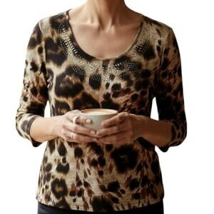 🐆 Vintage Suzie Animal Print Blouse 🌿 Embellished Button-Up | Medium